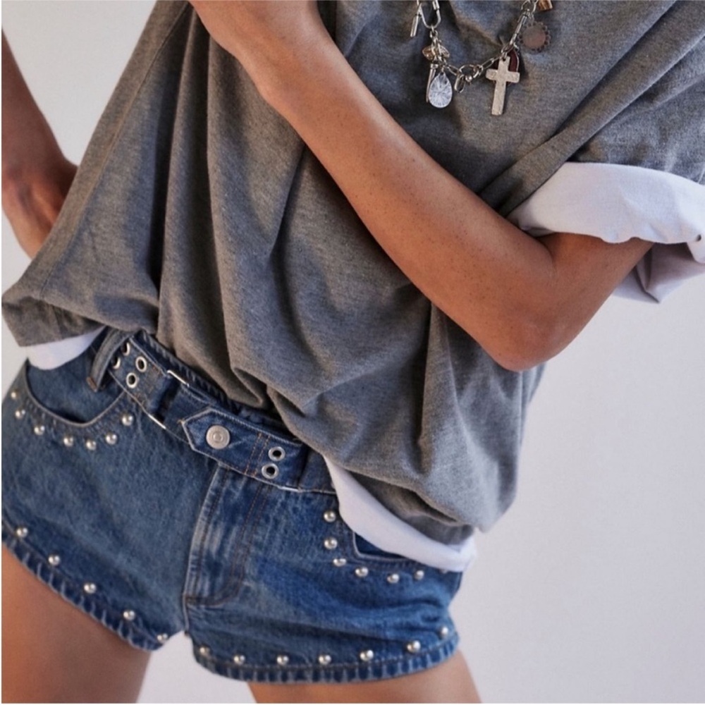 Free People Blue Jean Shorts with Silver Accents